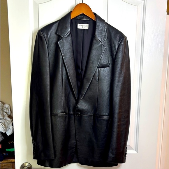 EUC SAINT LAURENT women’s black leather blazer size 48 - Picture 1 of 11